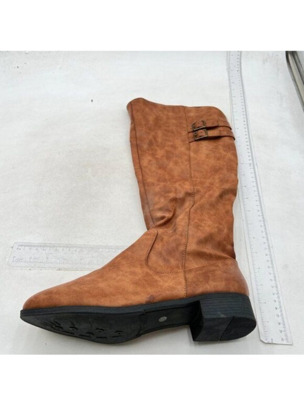Women's Knee High Boots Flat Riding Boots Buckle Tall Boots with Zipper Brown
